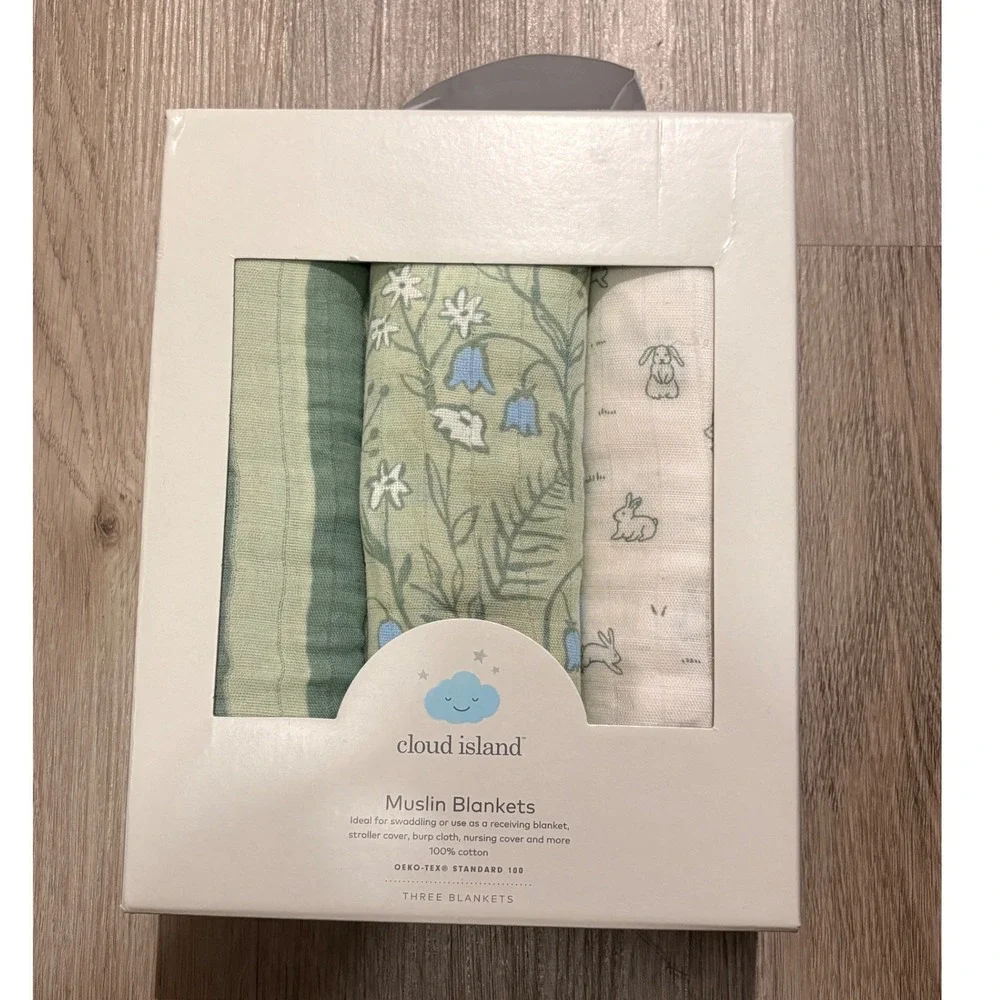 Cloud Island Muslin Swaddle Blankets 3 Pack Green Floral Bunny Stripe 47x47 New